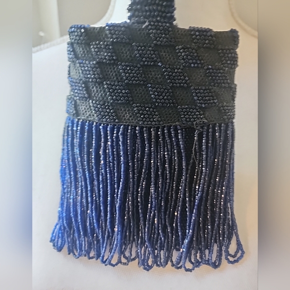 Vintage Blue Beaded Glass Purse Fringed Flapper Handbag. - Picture 5 of 7